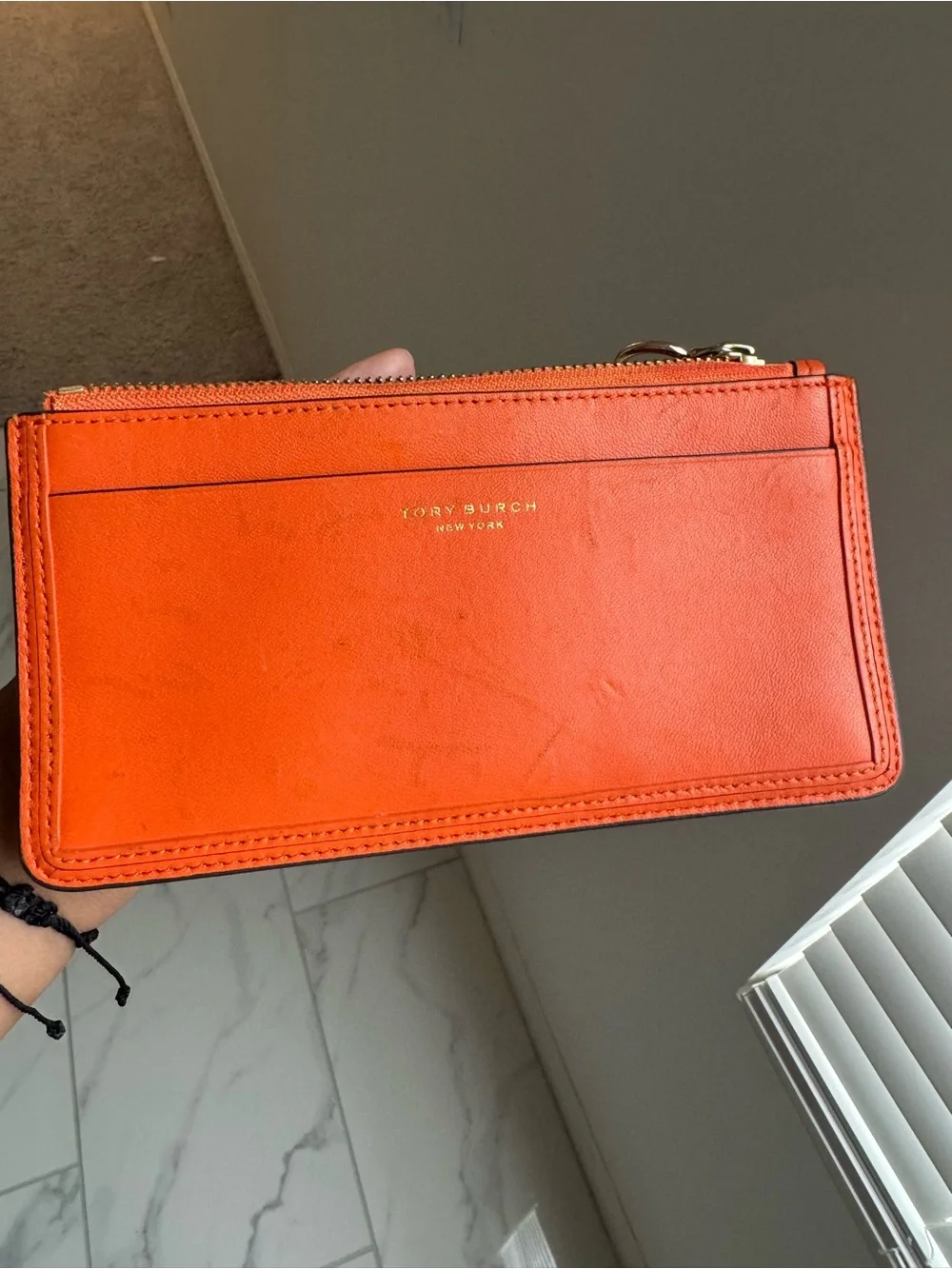Tory Burch Orange Leather Wristlet Clutch with Gold Logo